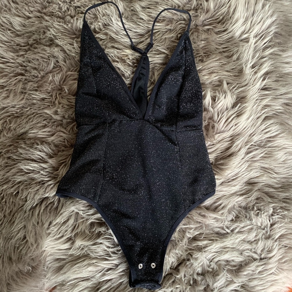 Dynamite Black Shimmer Deep V Mesh Bodysuit